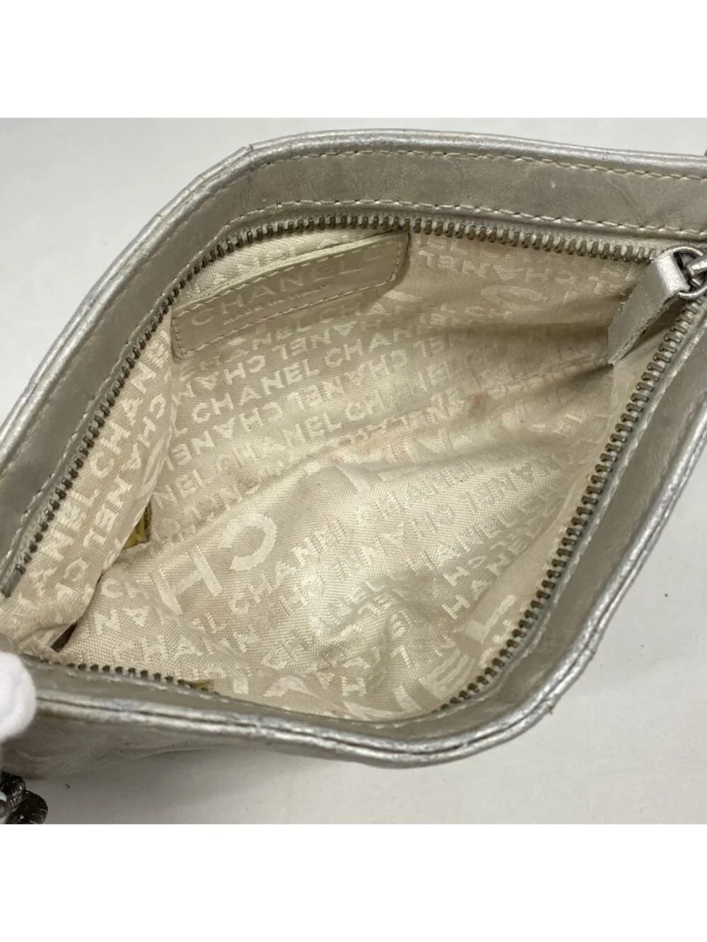 Chanel Pouch Camellia Leather Silver